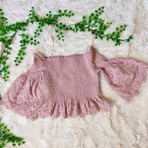 Express Off Shoulder Eyelet Lace Bell Sleeve Top